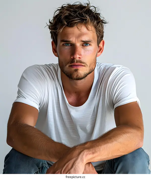 Portrait of a handsome young man with blue eyes and brown hair wearing a white shirt