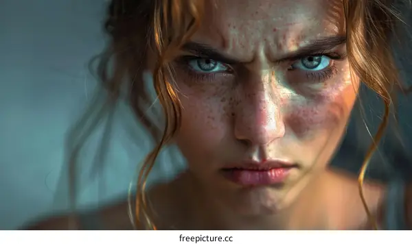 Woman with Intense Blue Eyes and Freckles