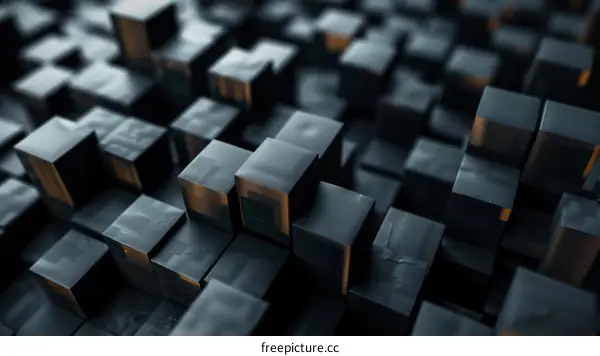 Abstract 3D rendering of a surface made of reflective black cubes.