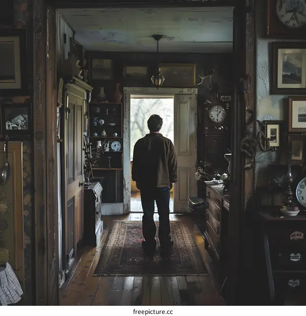 Man standing in a hallway looking out an open door
