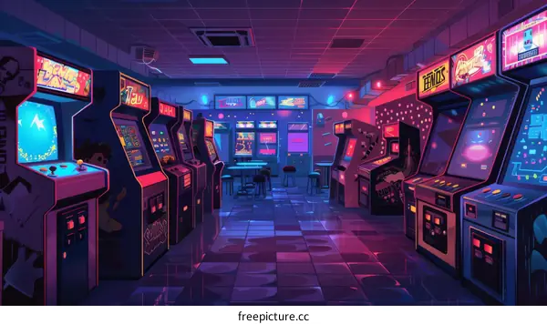 A retro arcade with neon lights and glowing screens