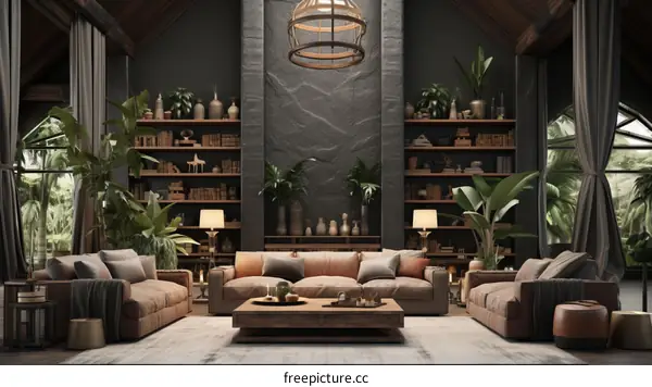 Modern Living Room with Comfy Sofas, Coffee Table, Bookcases, Plants, and Stylish Decor