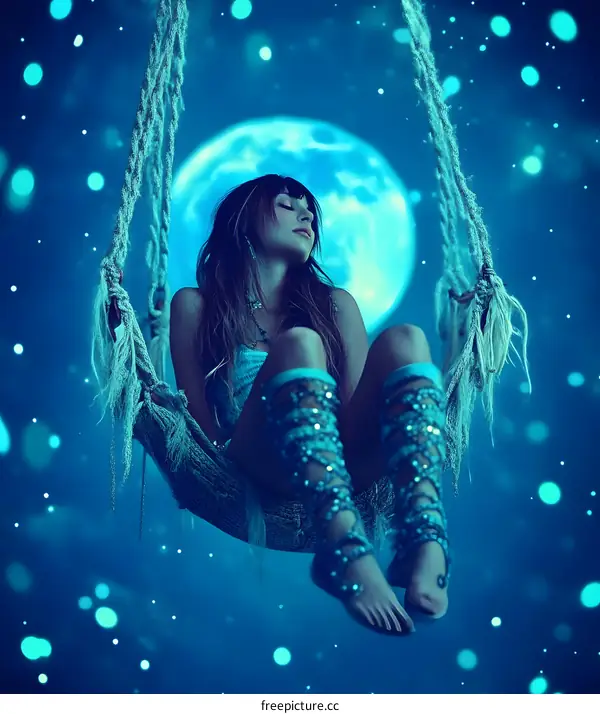 Woman Sitting on a Swing Underneath a Full Moon with Sparkles in the Sky