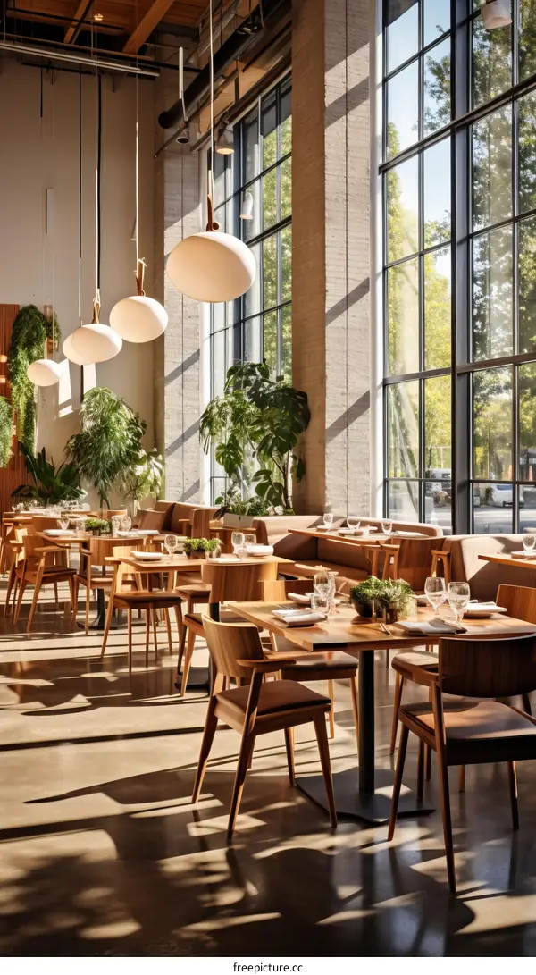 Elegant restaurant interior with large windows and wooden furniture