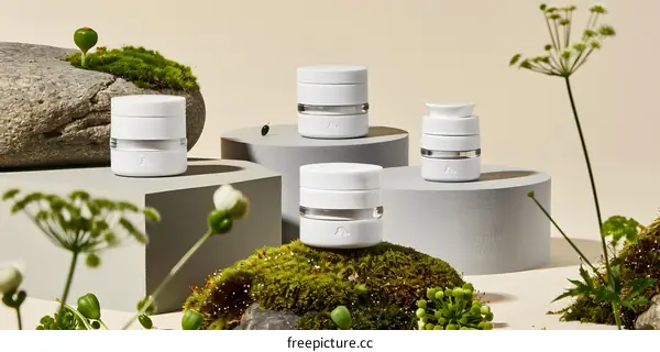 Natural Skincare Products with Minimalist Packaging on White Pedestals and Mossy Rocks
