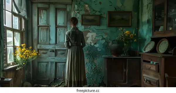 Woman in a long green dress standing in a room with a blue wall