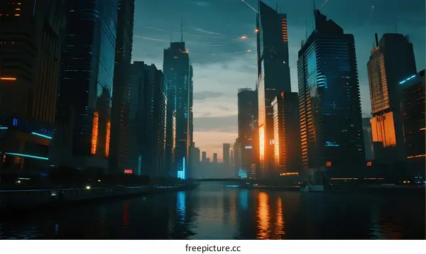 Modern Urban Cityscape with Skyscrapers and River at Night