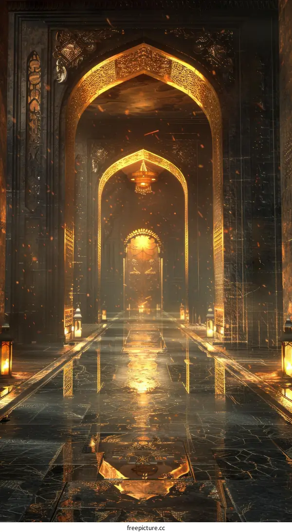 Golden Palace Hallway with Intricate Carvings and Glowing Lanterns