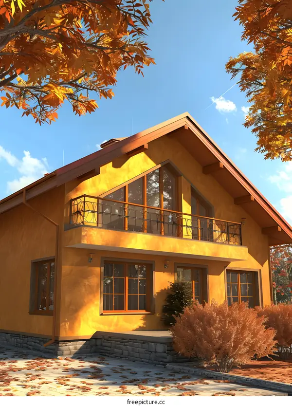 Yellow House with Autumn Leaves and a Balcony