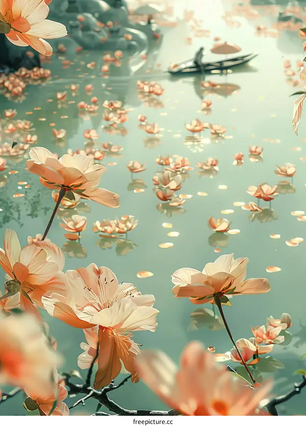 Peach Blossoms Floating on Calm Water