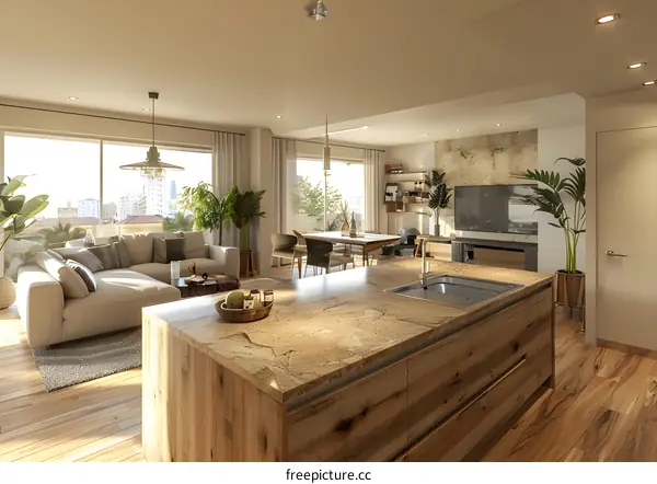 Two men are talking in a modern kitchen.