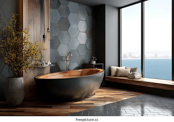 Modern Luxury Wooden Bathtub with Panoramic View