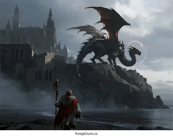 A Mysterious Figure Confronting a Majestic Black Dragon by Ancient Castle