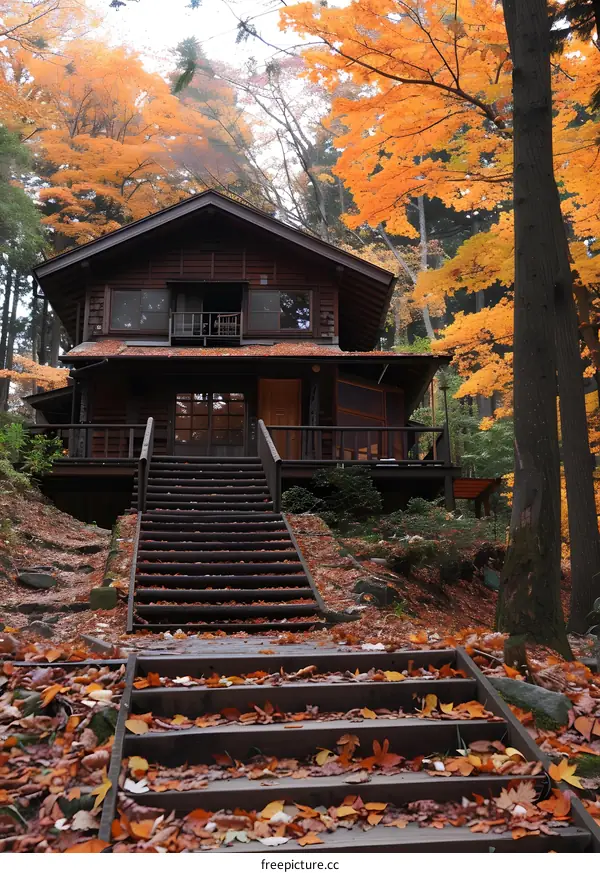 Wooden house in autumn forest