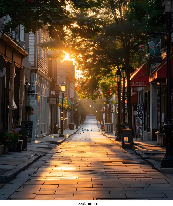 Sunrise Street with Cobblestone Road and Shops in Quebec City