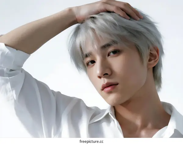 Young man with silver hair in white shirt
