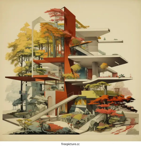 futuristic building with trees and greenery