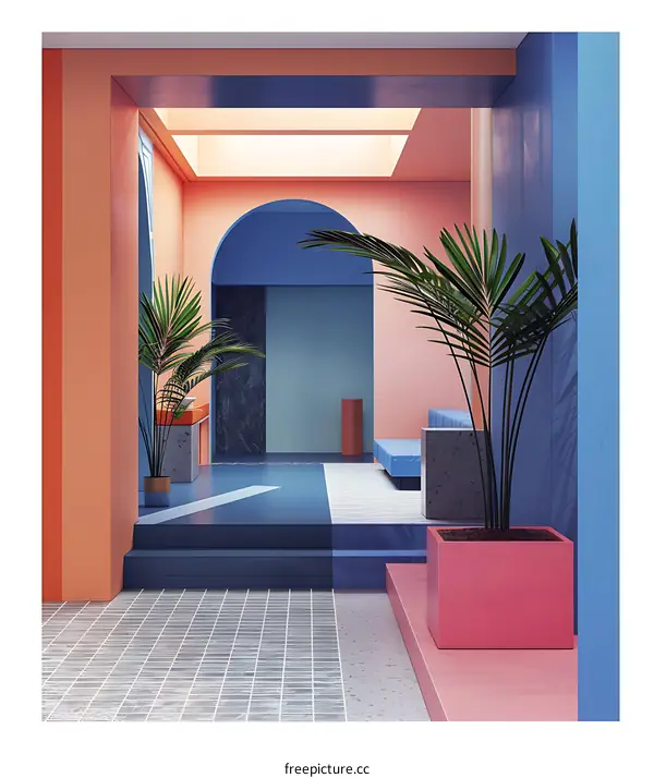 Minimalist Interior Design With Pink, Blue and Orange Color Palette