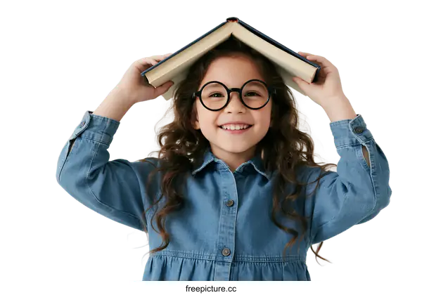 [Transparent Background PNG]Little girl wearing glasses holding book on her head