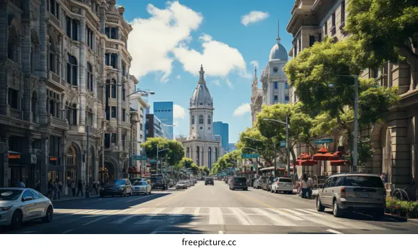 City street with cars and people walking