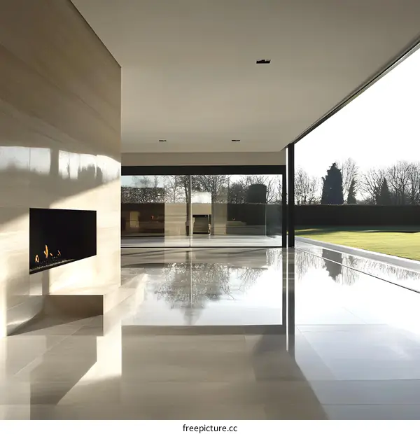 Modern Minimalist House Interior Design with Fireplace and Large Windows