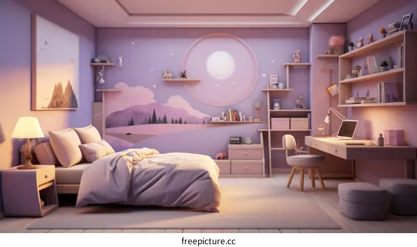 cozy bedroom interior design with bed, desk, and shelves