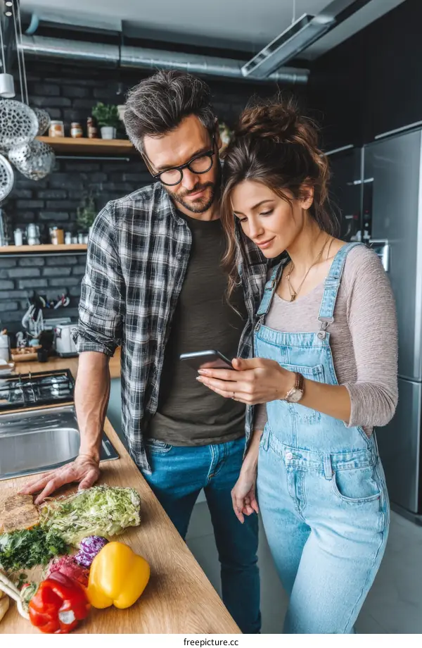 Couple using smartphone in the kitchen