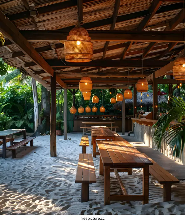 Empty Beach Restaurant with Wooden Tables and Lanterns
