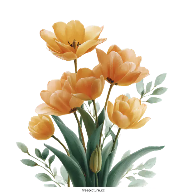 [Transparent Background PNG]Delicate Orange Tulips Floral Bouquet Illustration