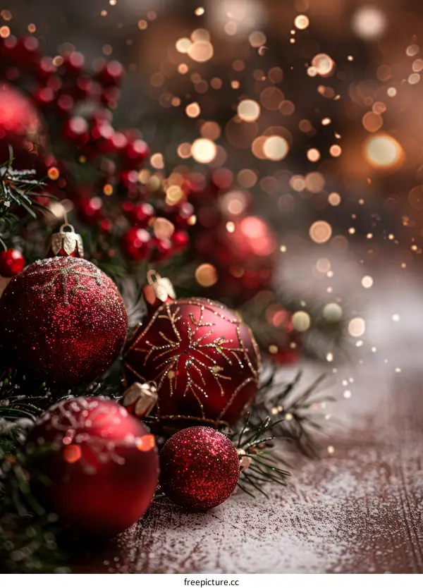 Red and gold Christmas ornaments with a blurred background of twinkling lights