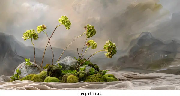 Green Flowers, Moss, and Rocks on a Fabric Background
