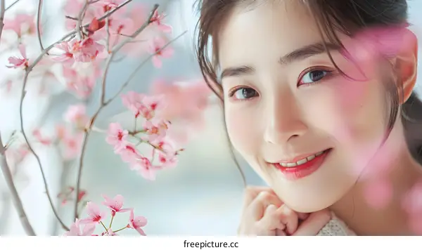 Beautiful Asian Woman Posing With Pink Cherry Blossoms