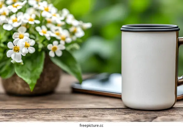 White Mug on Wooden Table with Flowers in the Background