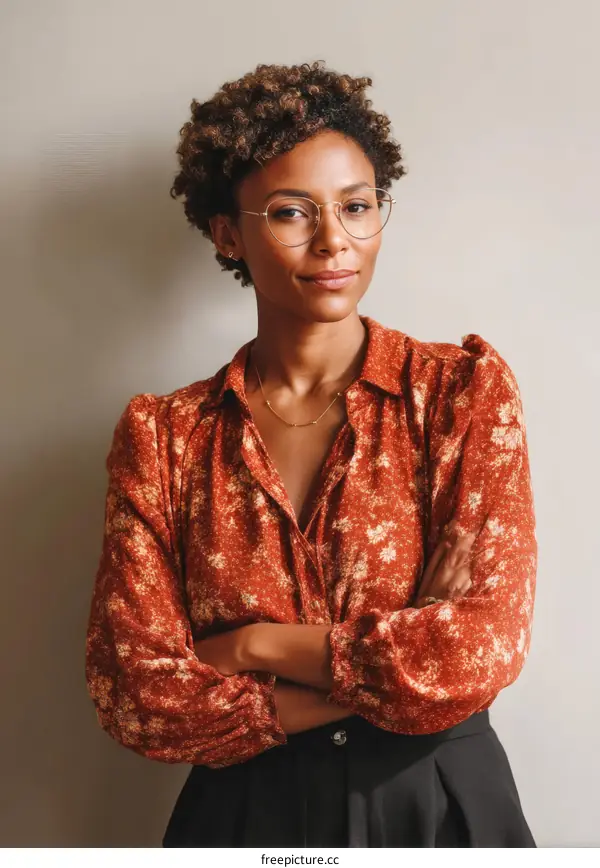 Confident Woman in a Floral Print Blouse