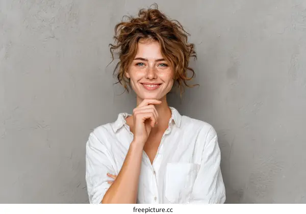 Smiling Caucasian Woman Portrait Against Gray Wall