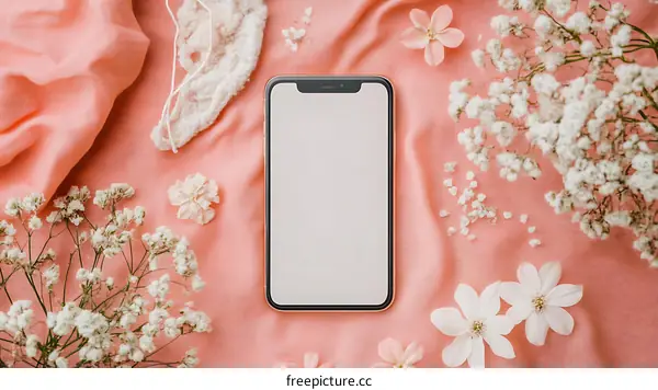 White Flowers And A Phone On A Pink Background