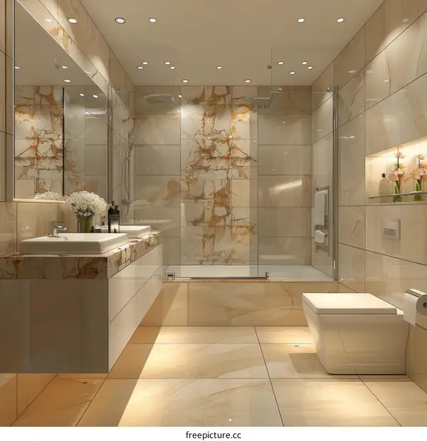 Modern bathroom interior with beige marble tiles