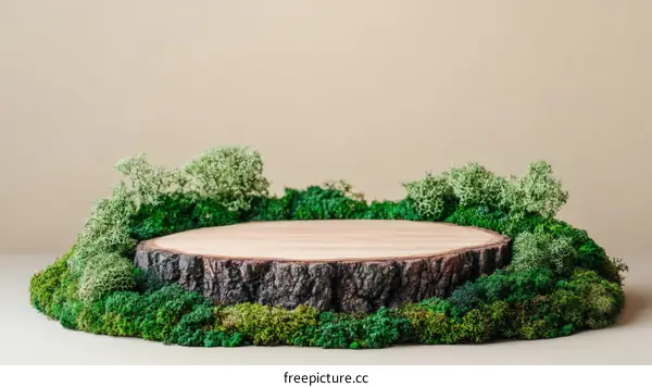 Wooden Tree Stump Decorated with Moss