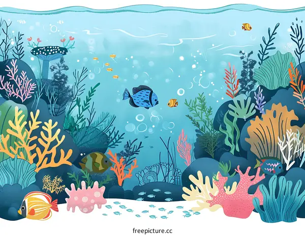 Colorful Underwater Sea Life Illustration With Coral Reefs and Fish