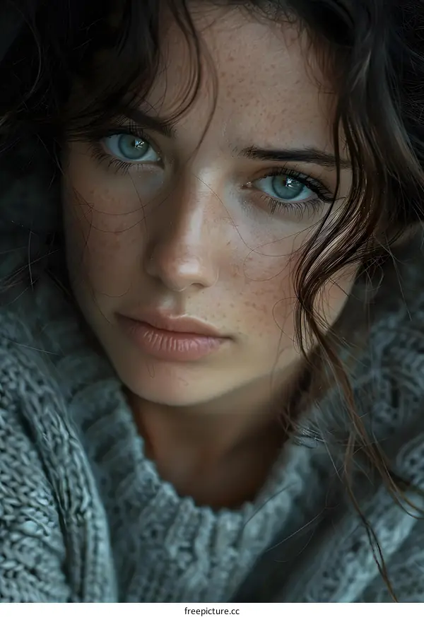 Portrait of a young woman with freckles and green eyes