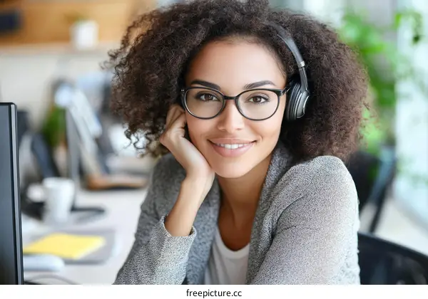 Smiling Business Woman Wearing Headphones and Glasses