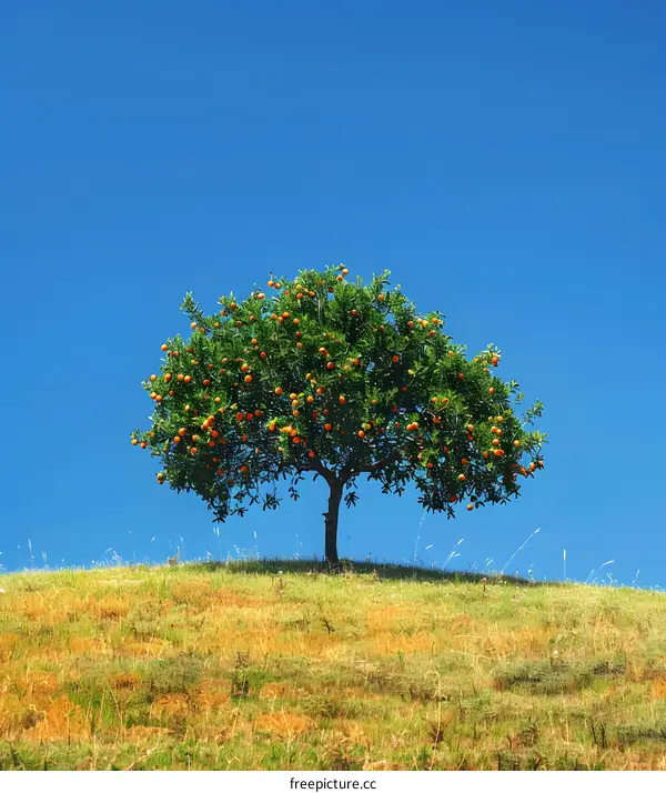 An orange tree full of ripe oranges stands on a grassy hill against a clear blue sky