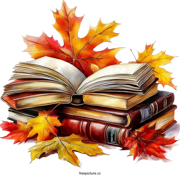 [Transparent Background PNG]Autumn Books and Leaves Illustration
