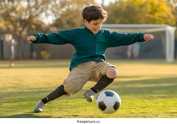 Young Boy Kicking Soccer Ball On Grass Field