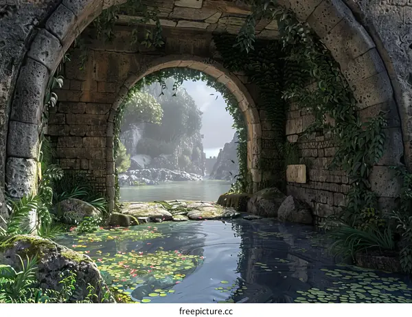 Mystical Overgrown Stone Archway with Breathtaking Landscape