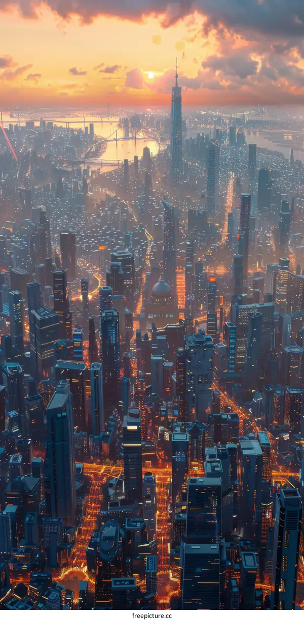 Futuristic City Skyline at Sunset