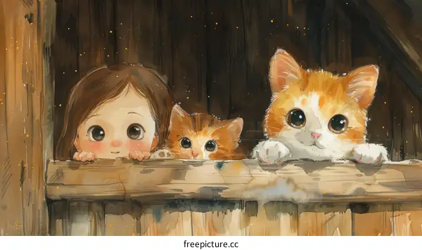 curious girl and two cats peeking out from a wooden fence