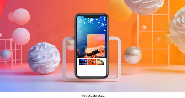 Phone Mockup on Orange Background with 3D Shapes