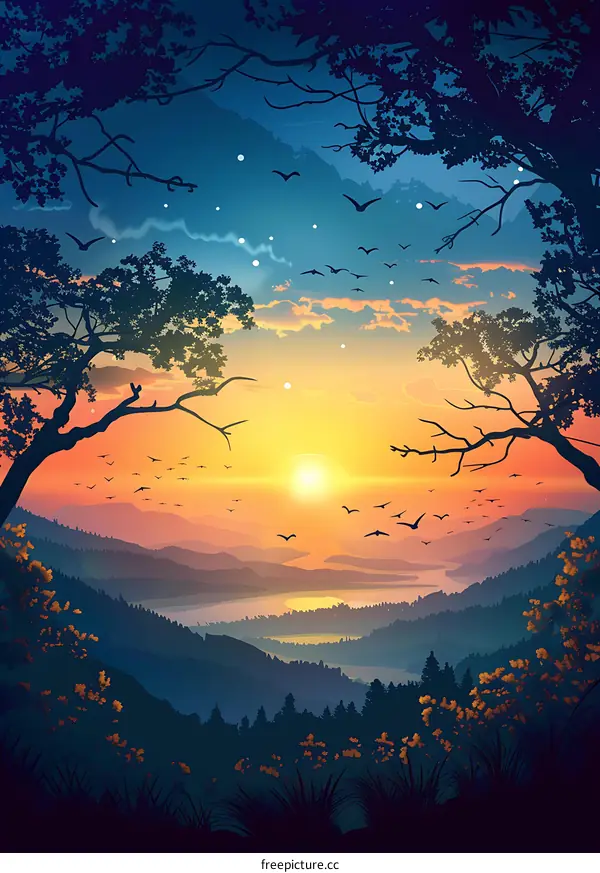 Sunrise Over Mountains and Birds Flying