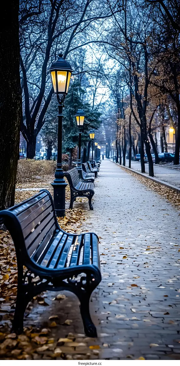 Empty Park Bench With Street Lights In Autumn